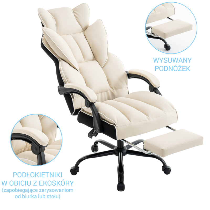 Fotel biurowy ergonomiczny obrotowy krzesło z podnóżkiem beżowo-biały Premium