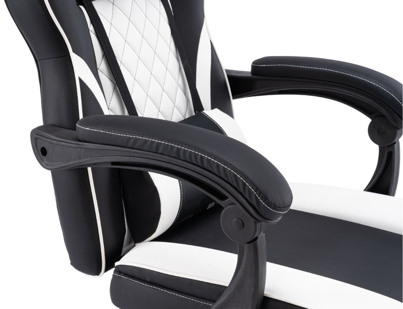 Fotel gamingowy z podnóżkiem ekoskóra krzesło dla gracza biurowy ergonomiczny czarno-biały Champion