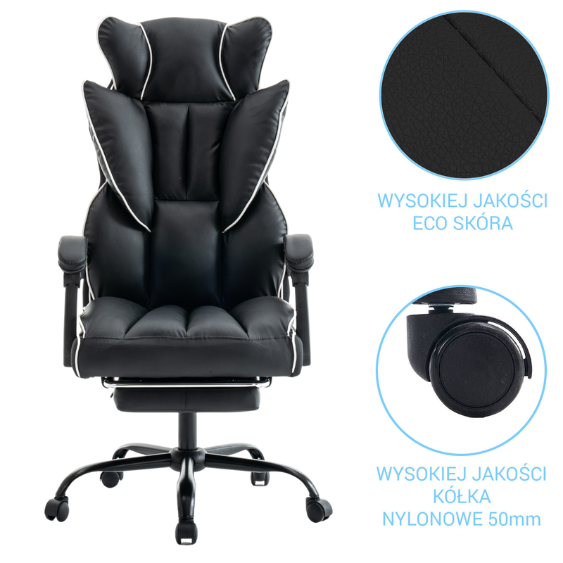 Fotel biurowy ergonomiczny obrotowy krzesło z podnóżkiem czarno-biały Premium