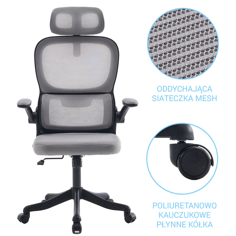 Fotel biurowy ergonomiczny obrotowy siateczkowy bujany szaro-czarny Classic