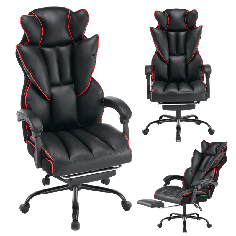 Fotel biurowy ergonomiczny obrotowy krzesło z podnóżkiem czarno-czerwony Premium