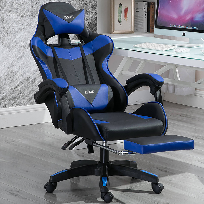 Fotel gamingowy z podnóżkiem krzesło dla gracza biurowy ergonomiczny czarno-niebieski Sienna