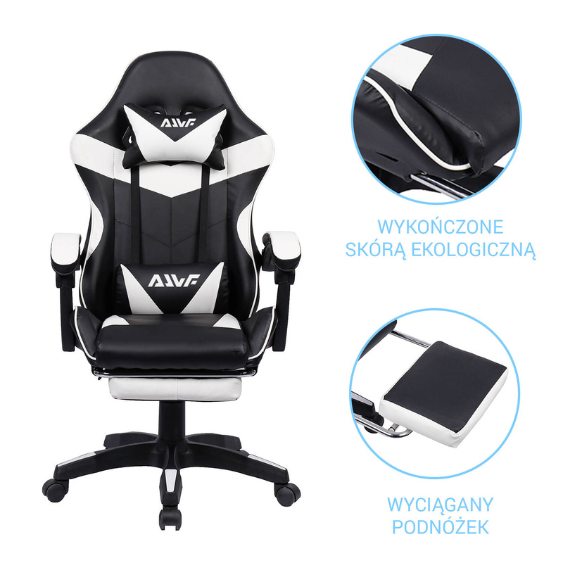 Fotel dla gracza gamingowy krzesło z podnóżkiem ergonomiczny biurowy obrotowy biało-czarny Sienna