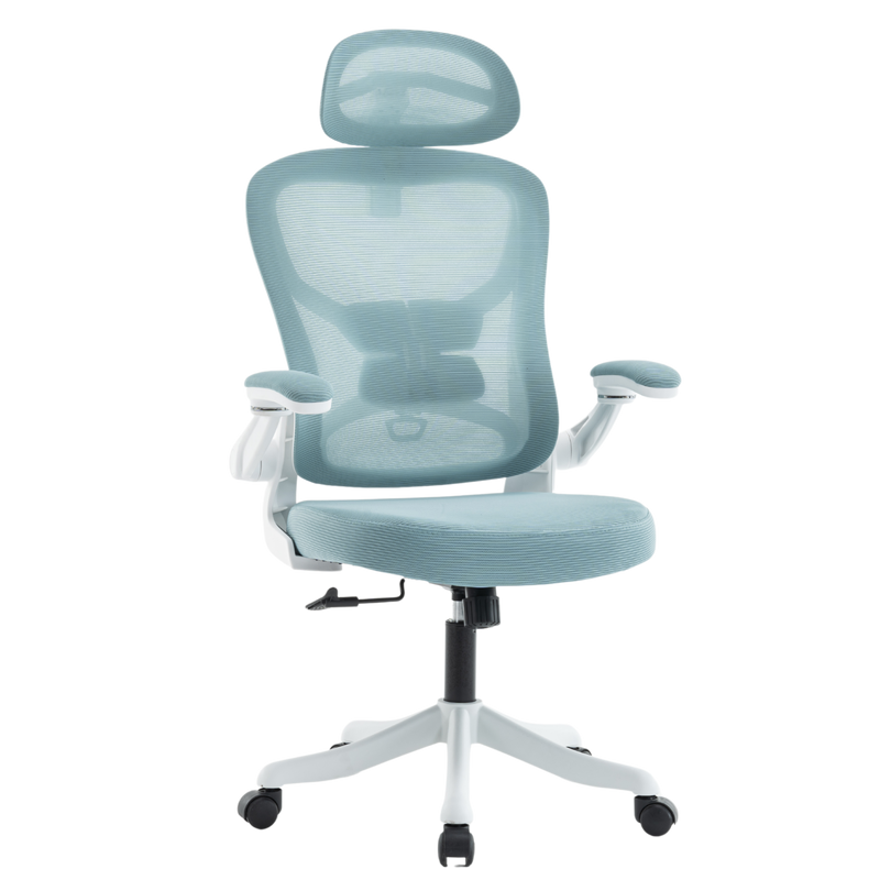 Fotel biurowy ergonomiczny obrotowy siateczkowy bujany krzesło błękitno-biały Prime