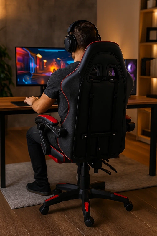 Fotel gamingowy krzesło dla gracza ergonomiczny kubełkowy z podnóżkiem biurowy czarno-czerwony Sienna