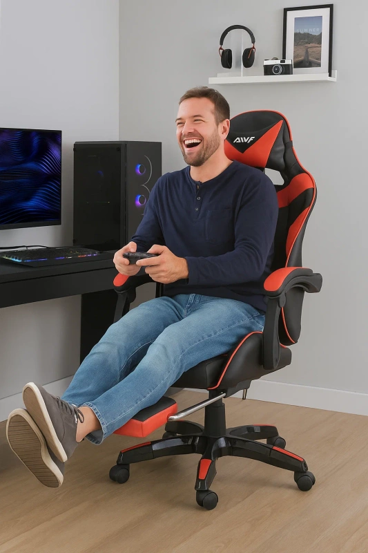 Fotel gamingowy krzesło dla gracza ergonomiczny kubełkowy z podnóżkiem biurowy czarno-czerwony Sienna