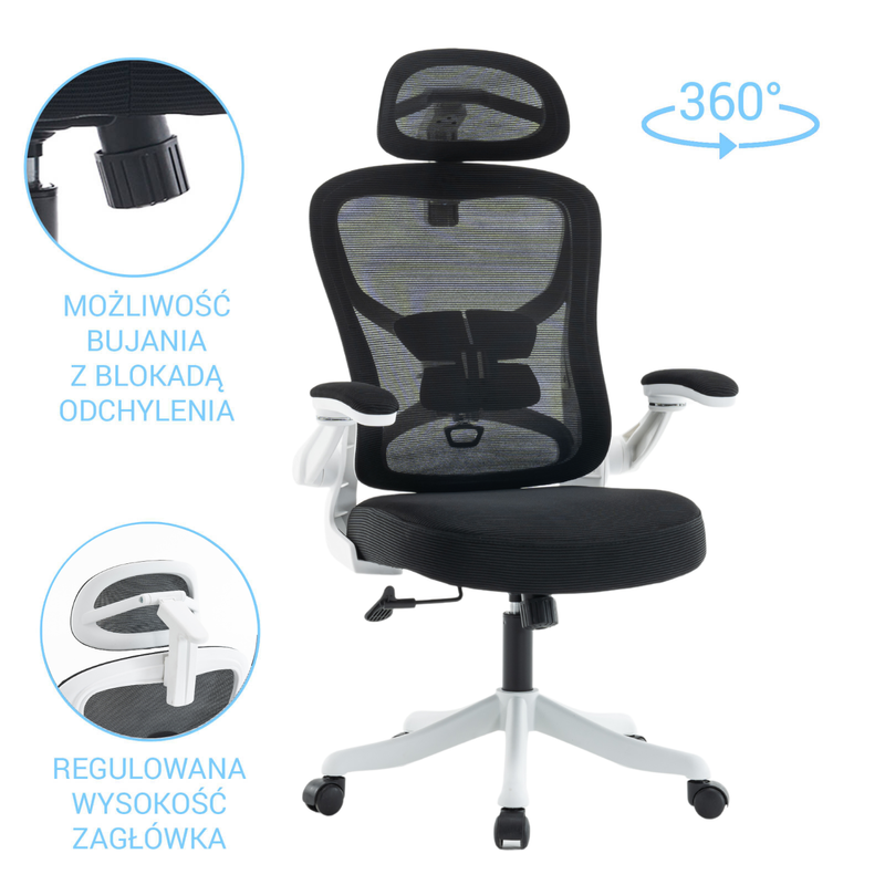 Fotel biurowy ergonomiczny obrotowy siateczkowy bujany krzesło czarno-biały Prime