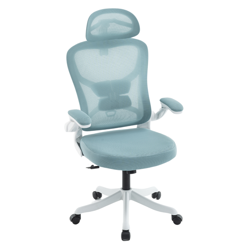 Fotel biurowy ergonomiczny obrotowy siateczkowy bujany krzesło błękitno-biały Prime