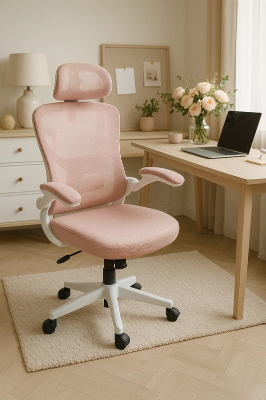 Fotel biurowy ergonomiczny obrotowy siateczkowy bujany krzesło różowo-biały Prime
