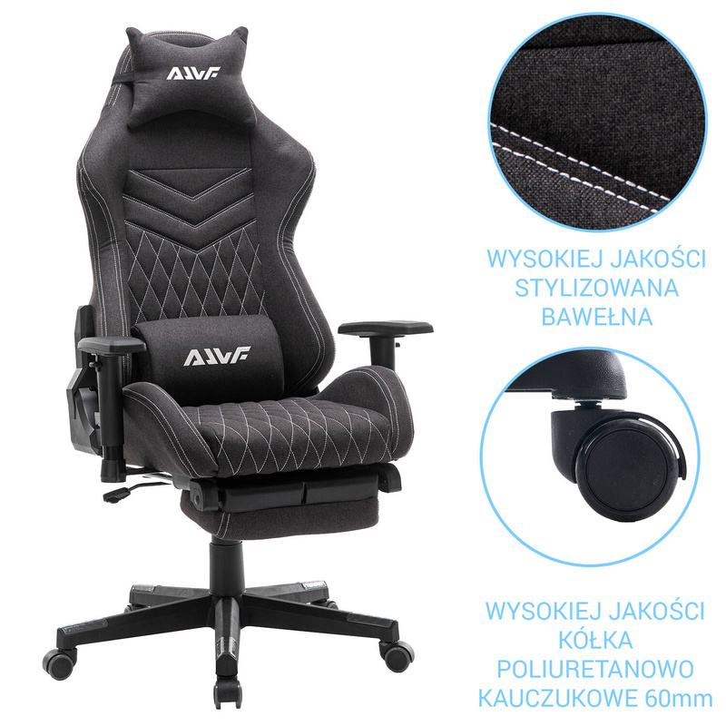 Fotel dla gracza gamingowy kubełkowy materiałowy ergonomiczny krzesło z podnóżkiem czarny Modern