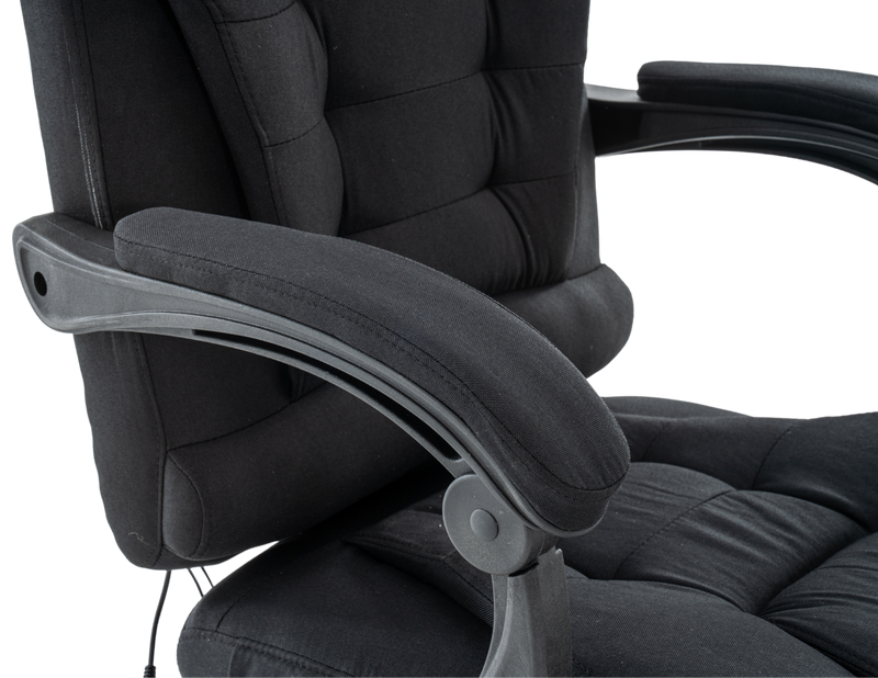 Fotel biurowy materiałowy ergonomiczny obrotowy krzesło z podnóżkiem FUNKCJA MASAŻU czarny Comfort Plus+