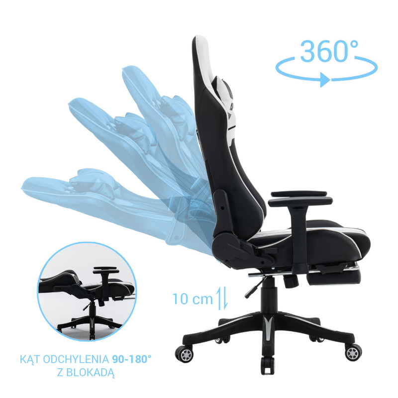 Fotel dla gracza gamingowy ergonomiczny krzesło z podnóżkiem biało-czarny Cyber