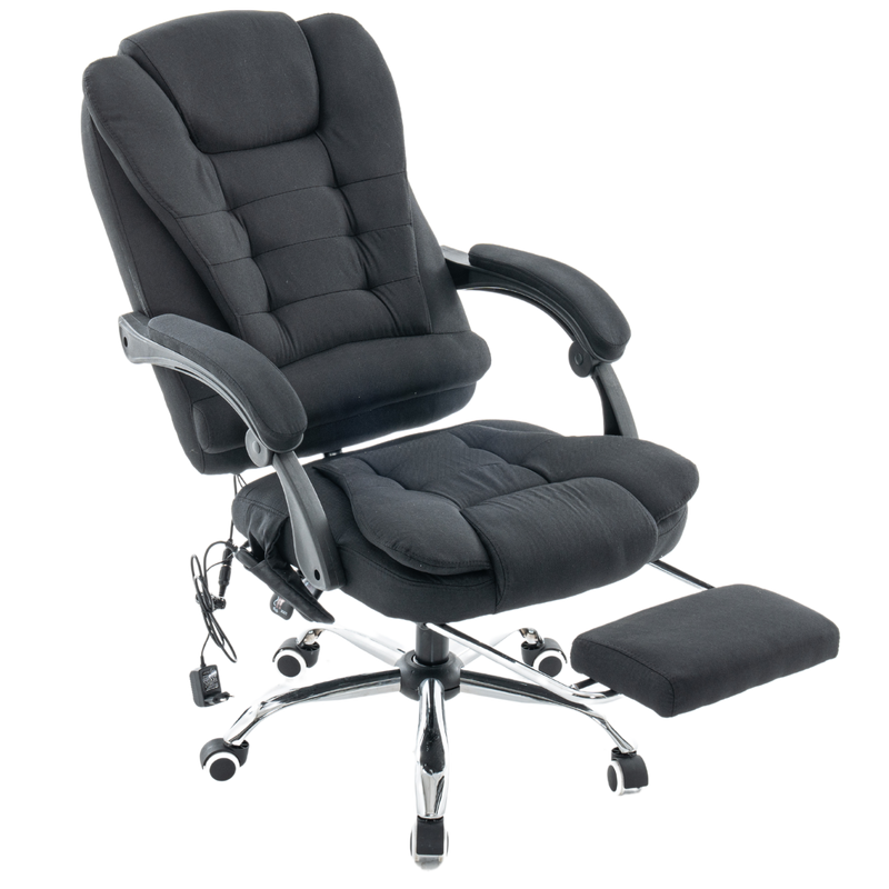 Fotel biurowy materiałowy ergonomiczny obrotowy krzesło z podnóżkiem FUNKCJA MASAŻU czarny Comfort Plus+