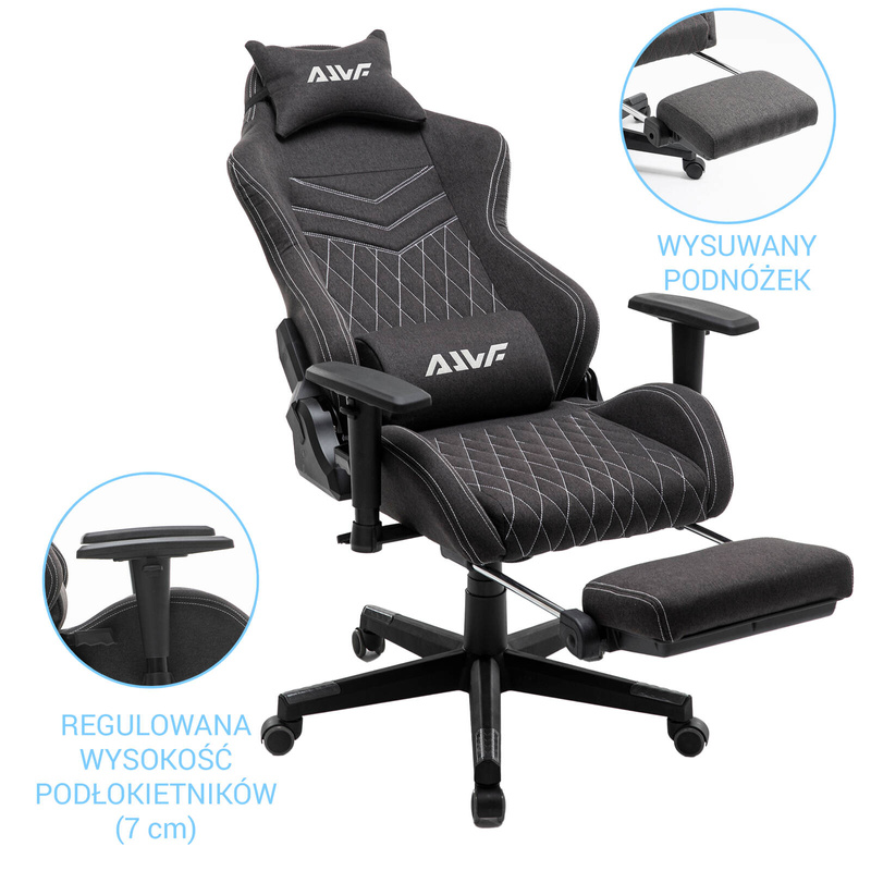 Fotel dla gracza gamingowy kubełkowy materiałowy ergonomiczny krzesło z podnóżkiem czarny Modern