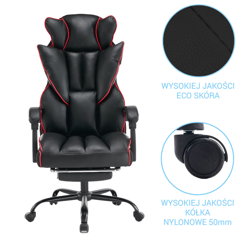 Fotel biurowy ergonomiczny obrotowy krzesło z podnóżkiem czarno-czerwony Premium