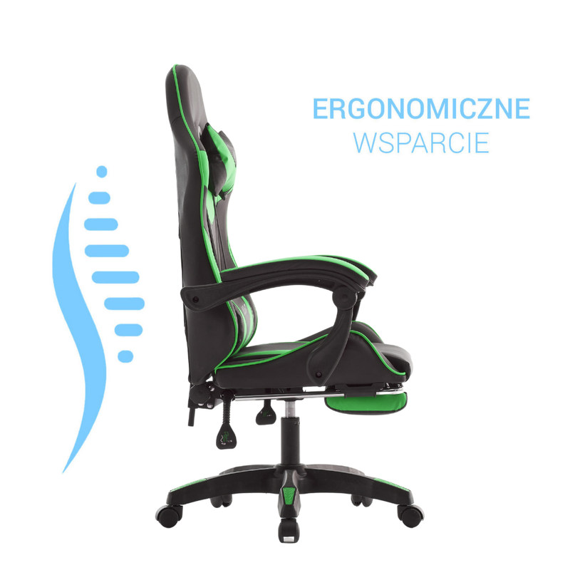 Fotel dla gracza gamingowy biurowy ergonomiczny z podnóżkiem krzesło obrotowe zielono-czarny Sienna