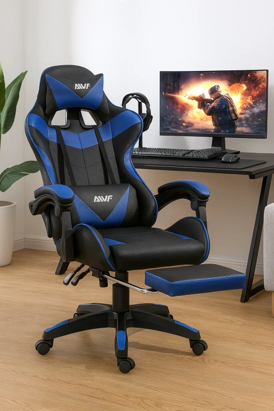 Fotel gamingowy z podnóżkiem krzesło dla gracza biurowy ergonomiczny czarno-niebieski Sienna