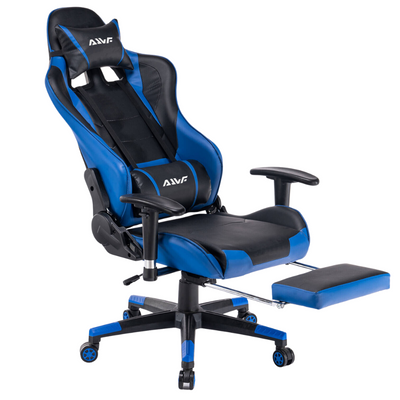 Fotel gamingowy kubełkowy krzesło dla gracza ergonomiczny z podnóżkiem niebiesko-czarny Ryan