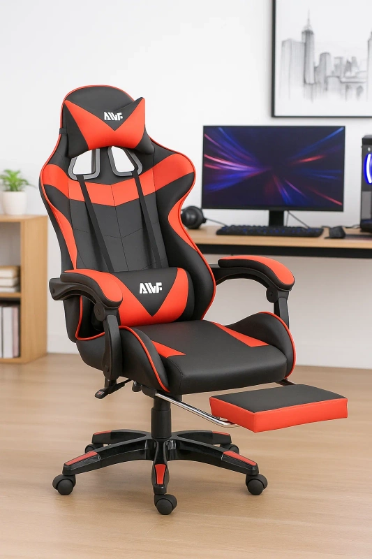 Fotel gamingowy krzesło dla gracza ergonomiczny kubełkowy z podnóżkiem biurowy czarno-czerwony Sienna