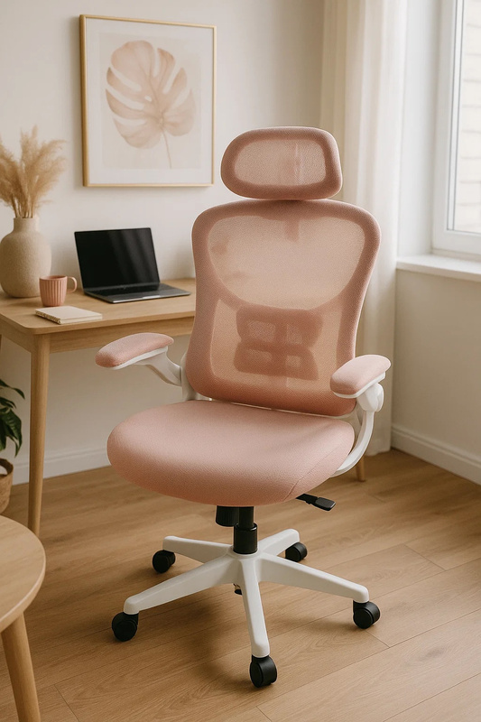 Fotel biurowy ergonomiczny obrotowy siateczkowy bujany krzesło różowo-biały Prime